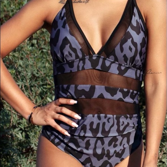 Leopard Print Mesh Patchwork One Piece Swimsuit Size XXL - Picture 5 of 8